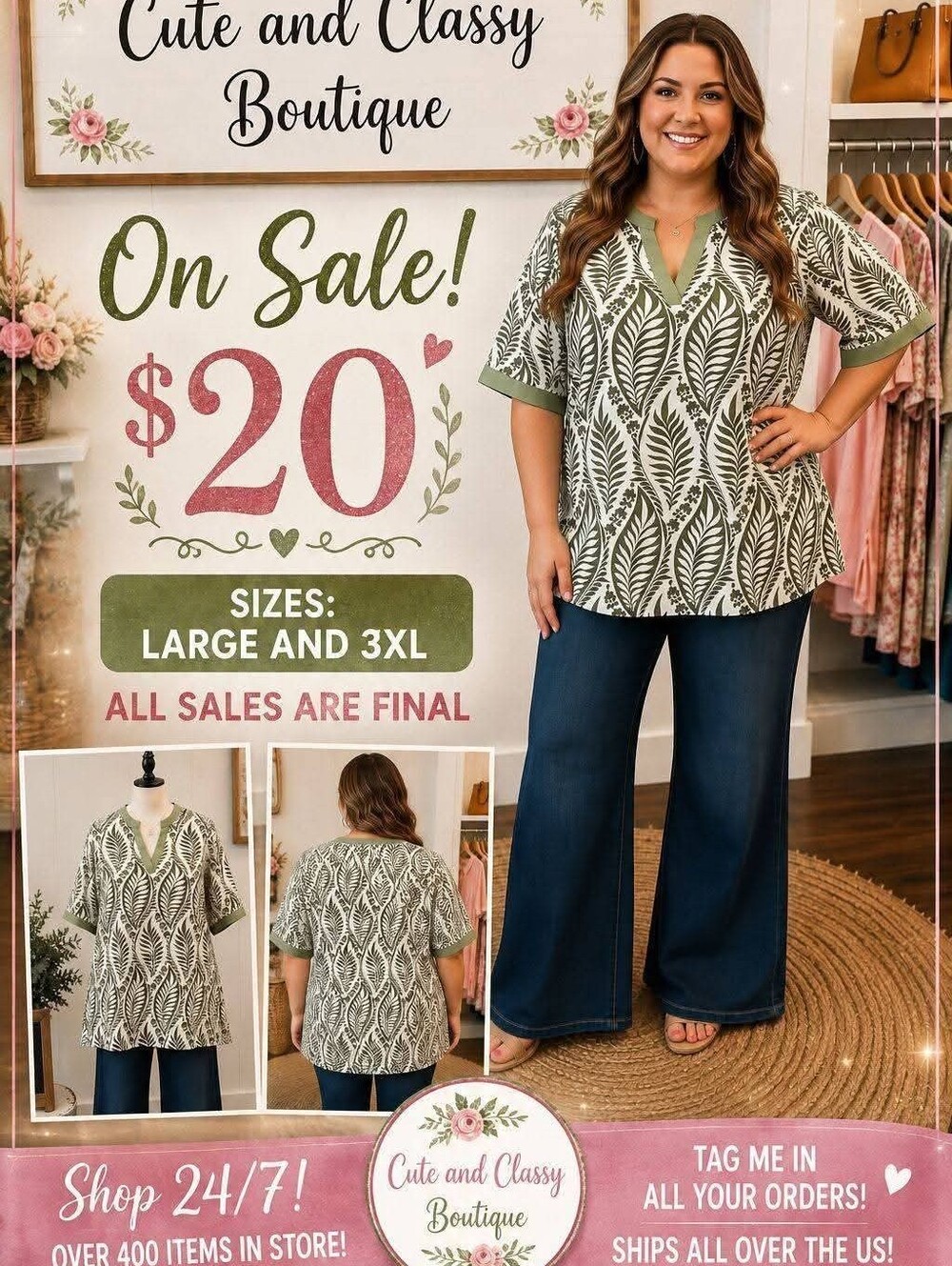 Green Leaf Print V-Neck Top